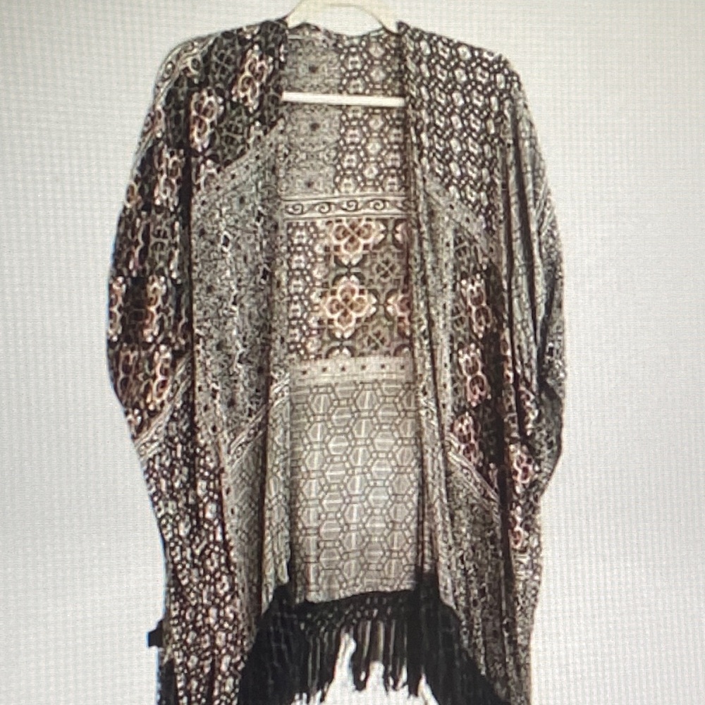 Fringe Open-Front Boho Kimono Jacket in Black & Brown